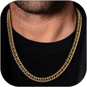 Men's 9mm Gold Miami Cuban Stainless Steel 14K Gold Plated Chain Necklaces